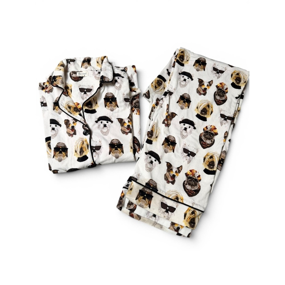 BedHead Pajamas XS White Dog Print Cotton Long Sleeve Button Down PJ Set USA